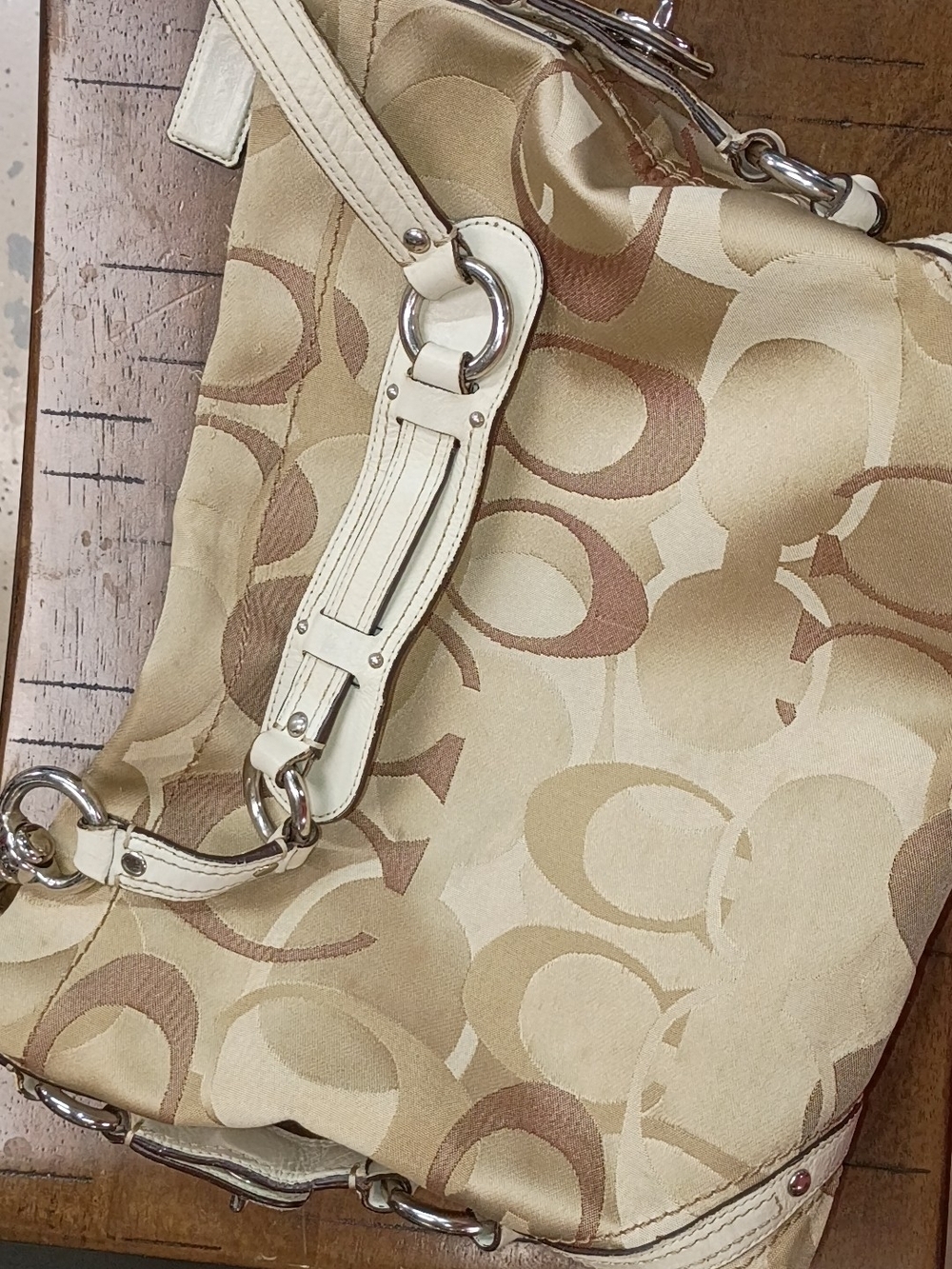Coach Canvas Shoulder Bag in Khaki and Ivory with Leather Trim